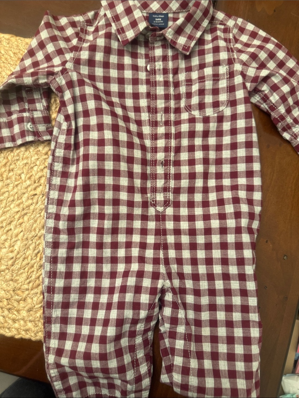 Baby GAP Burgundy and Grey Gingham Romper Jumpsuit